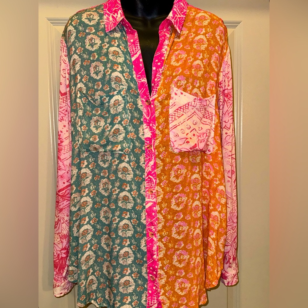 Pilcro Patchwork Floral Button-Up Blouse in Teal, Orange & Pink